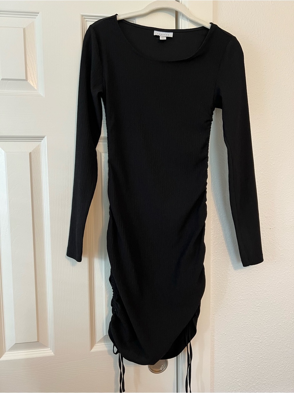 Topshop Black Long-Sleeve Ruched Bodycon Dress